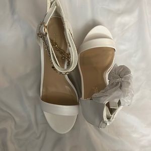 White Strapped and Gold Bejeweled Wedges